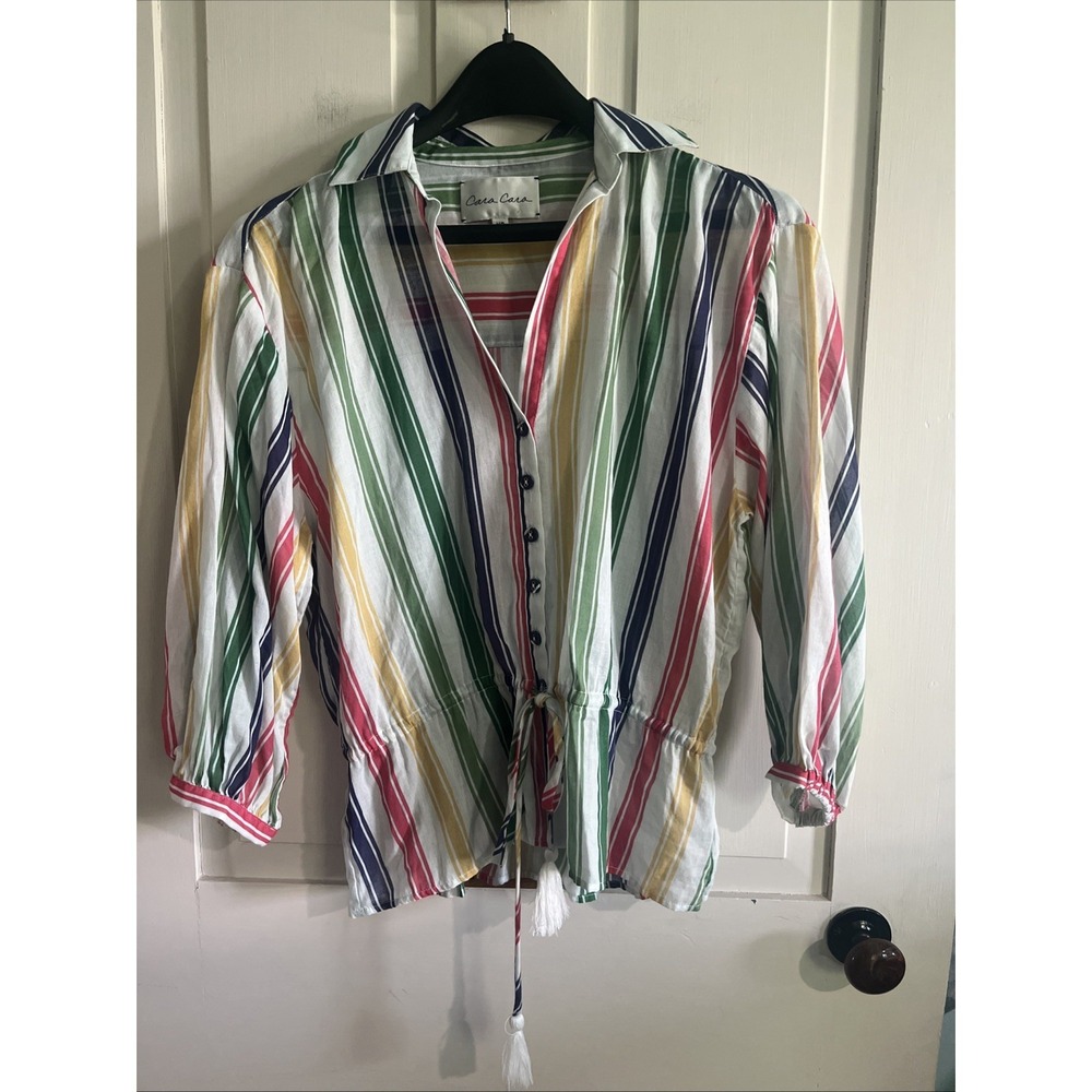 Cara Cara Striped Blouse Top XS Rainbow Tassel Button Boho Pima Cotton Relaxed